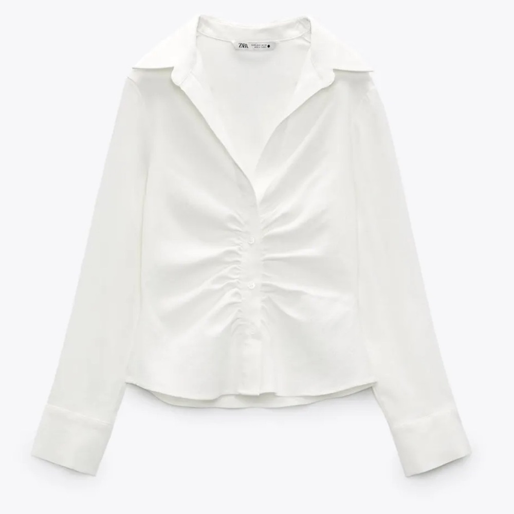ZARA Fitted Stretch Ruched Button Down Shirt